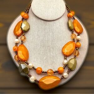 Stylish Chunky Lucite Double Strand Necklace Orange Green Tan Colors